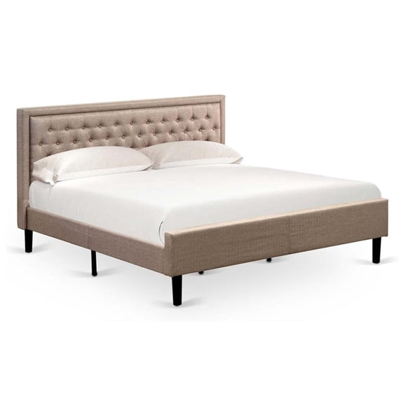 Pemberly Row Wood & Linen Fabric King Size Bed in Khaki Brown
