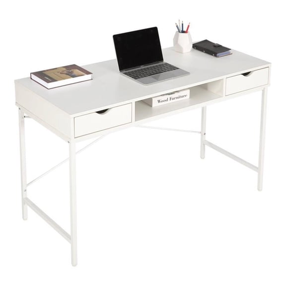 Pemberly Row Wood & Metal Writing/Computer Desk with Drawers in White