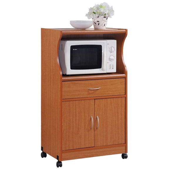 Pemberly Row Wood Microwave Kitchen Cart with Open Storage in Cherry