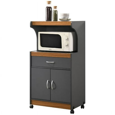 Pemberly Row Wood Microwave Kitchen Cart with Open Storage in Gray Oak