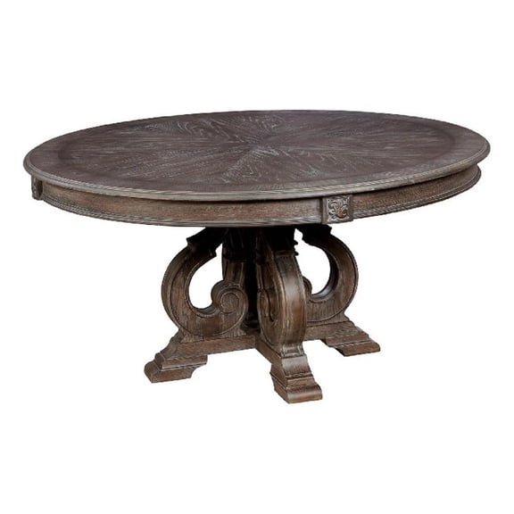 Pemberly Row Wood Round Dining Table with Carved Pedestal Base in Rustic Brown