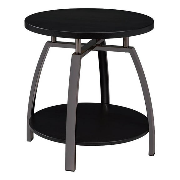 Pemberly Row Wood Round End Table in Dark Gray and Black Nickel
