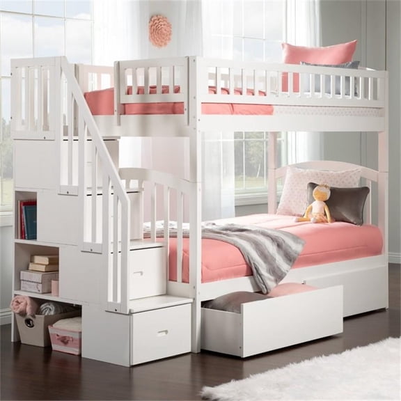Pemberly Row Wood Staircase Storage Bunk Twin Over Twin in White