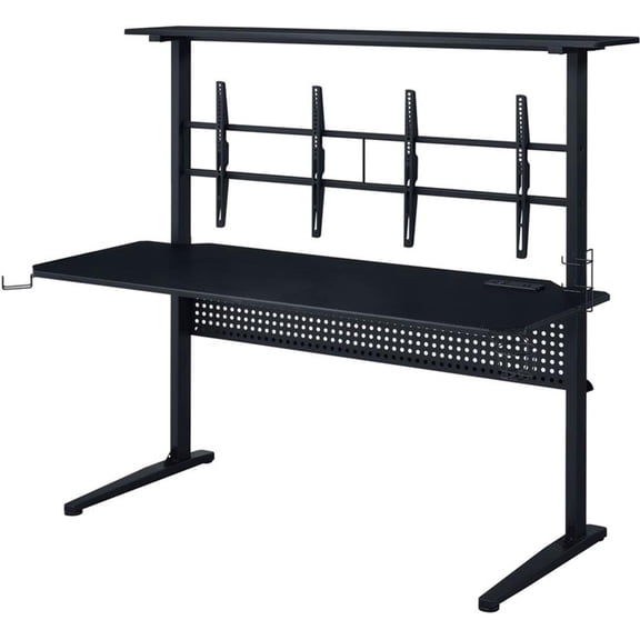 Pemberly Row Wood Top Gaming Table with 2 Metal Screen Holders in Black
