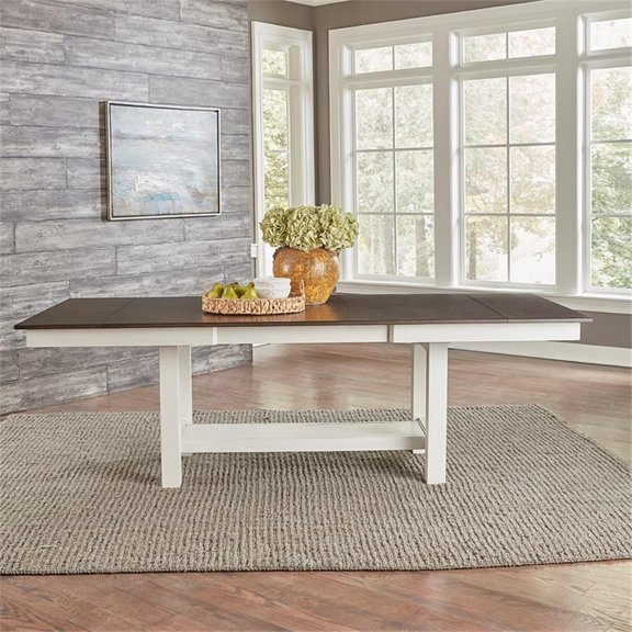 Pemberly Row Wood Trestle Table Set with Carbon Gray Top in Textured White