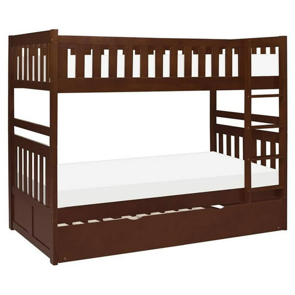 Pemberly Row Wood Twin over Twin Bunk Bed with Trundle Bed in Dark Cherry