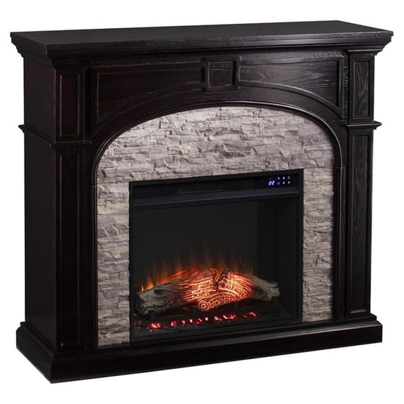 Pemberly Row Wood and Faux Stone Electric Fireplace in Brown