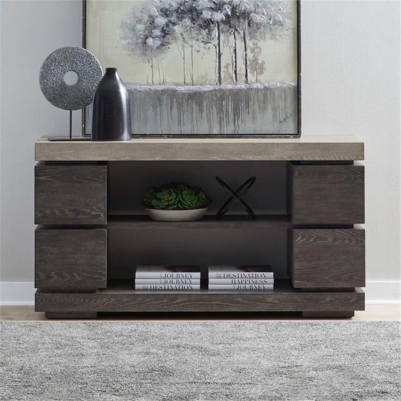 Pemberly Row Deconstructed Sofa Table with Floating Drawers in Charcoal Brown