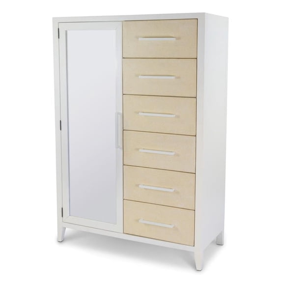 Pemberly Row Woven Mirrored Door Chest in Sand & Stark White