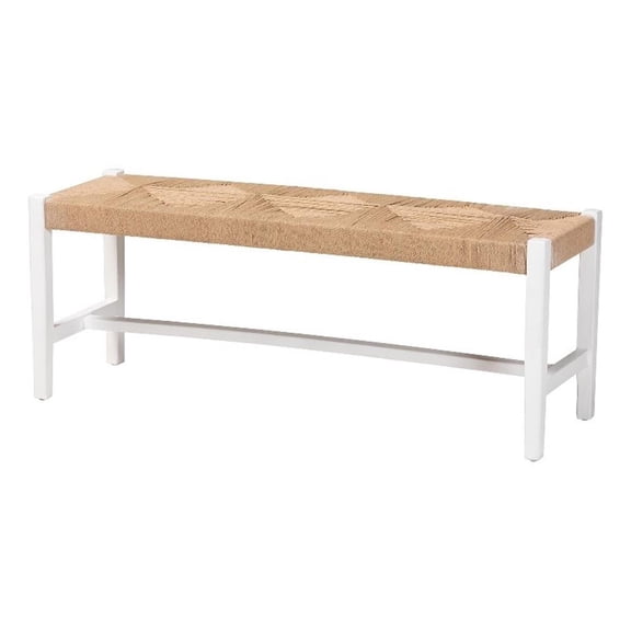 Pemberly Row Woven Paper Loom Bench with Mahogany Frame in White