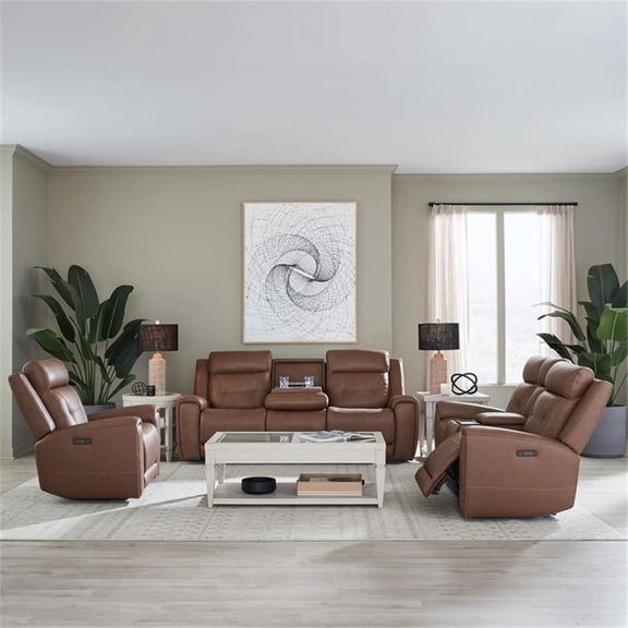 Pemberly Row Zero Gravity Power Recline Sofa with Loveseat & Recliner in Brown