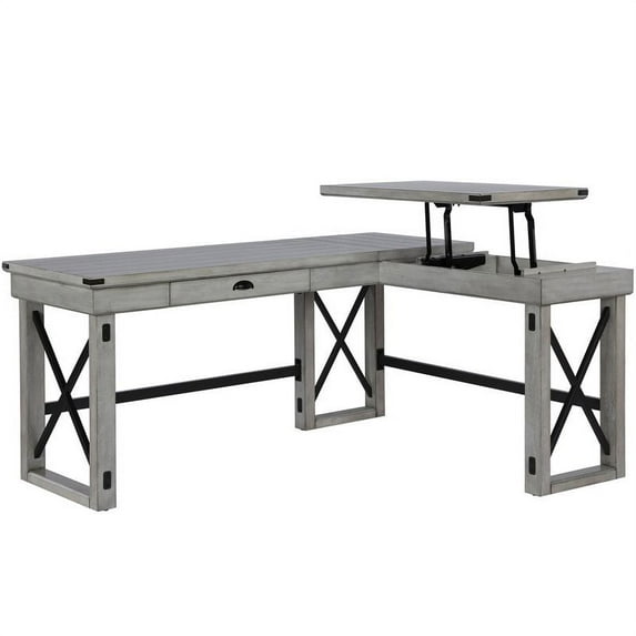 Pemberly Row wood L Desk with Lift Top in Rustic White