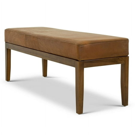 Pemberly Row Mid-Century Genuine Leather Upholstered Bench in Dark Tan