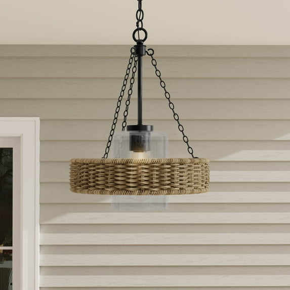 Pembroke Collection One-Light 18.5" Matte Black Coastal Outdoor Pendant with Mocha Rattan Accents and Seeded Glass Shade