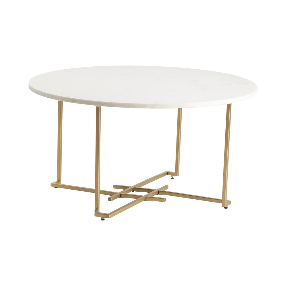 Pembroke Round White Marble Cocktail Table with Gold Brass Frame