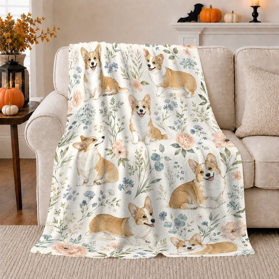 Pembroke Welsh Corgi Among Roses Autumn, Festive Pet Portrait Pattern, Warm Flannel Blanket for Living Room and Bedroom, Dog Lovers Christmas Gift, Pet Lover Home Decor