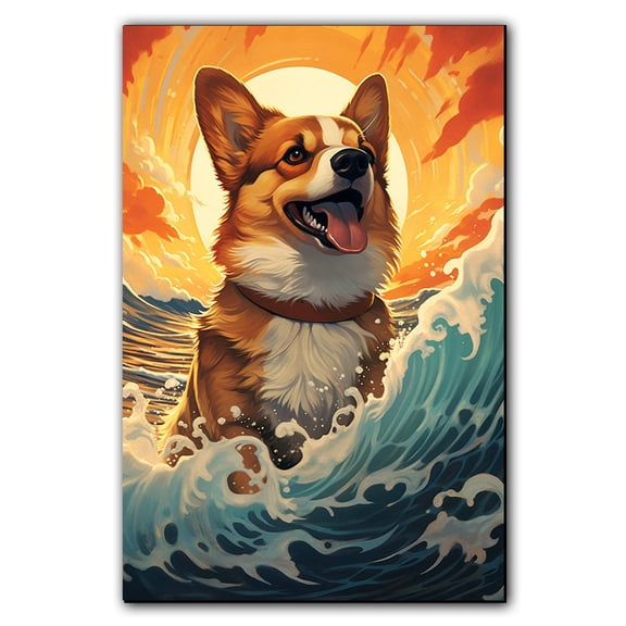 Pembroke Welsh Corgi Canvas Wall Art Framed Great Wave Oil Painting Stretched and Framed Artsy Romantic Wall Paintings Girlfriend gift for Living Room Bedroom Bathroom Office Wall Décor