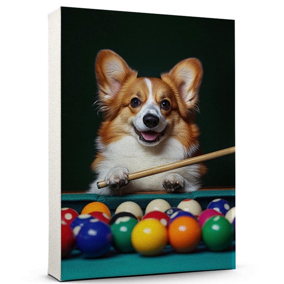 Pembroke Welsh Corgi Cute Dog Billiards Canvas Canvas  Retro Pembroke Welsh Corgi Dog Batter in Action With Billiards for Themed Living Room, Pet Shop Decor