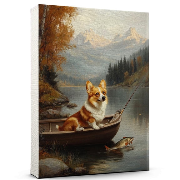 Pembroke Welsh Corgi Cute Dog Fishing Canvas Canvas  Retro Pembroke Welsh Corgi Dog Batter in Action With Fishing for Themed Living Room, Pet Shop Decor