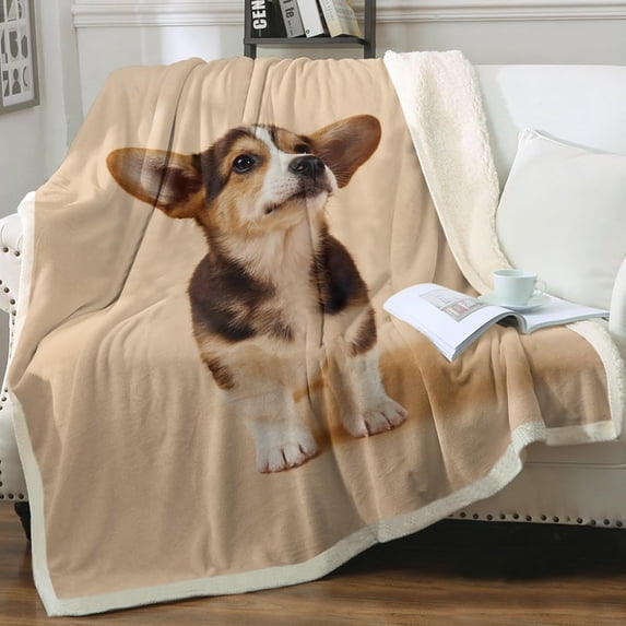Pembroke Welsh Corgi Design Fleece Blanket, Beige, Dog Puppy Pattern Blanket for Kids Adults, Sherpa Throw Fuzzy Blankets Baby(30"x40")