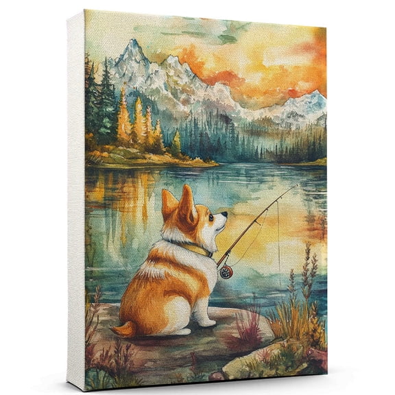 Pembroke Welsh Corgi Dog Canvas Canvas  Fishing Theme Dog Art for Wall, Pembroke Welsh Corgi Dog Playing Fishing Wall Art, Dog Lover Canvas Decor