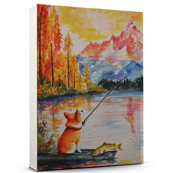 Pembroke Welsh Corgi Dog Canvas  Fishing Canvas Print of Funny Pembroke Welsh Corgi Dog Wall Art, Fishing Sports Wall Decor, Home Decor, Dog Lover