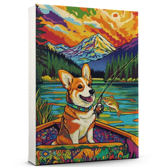 Pembroke Welsh Corgi Dog Fishing Canvas  Funny Pembroke Welsh Corgi Dog Playing Fishing Canvas Wall Art for Sports Lovers, Pet Lovers, Home Decor