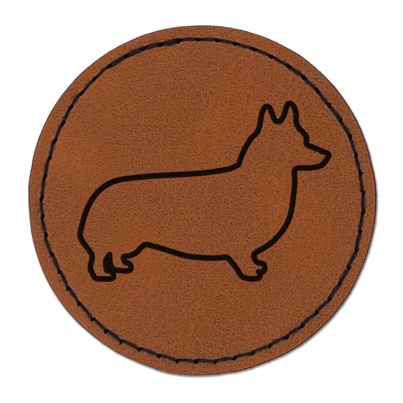 Pembroke Welsh Corgi Dog Outline 2.5" Faux Leather Round Engraved Iron-On Patch - Brown