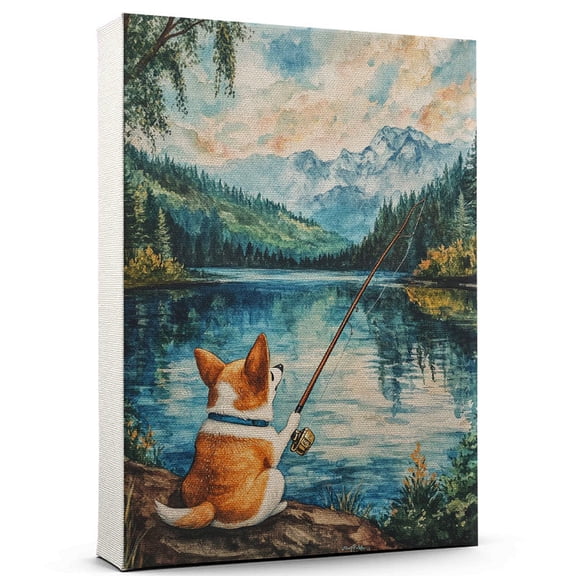 Pembroke Welsh Corgi Dog Playing Fishing Canvas  Sports Dog, Perfect for Animal Lovers, Pembroke Welsh Corgi Dog Canvas, Fishing Canvas Wall Art for Rooms