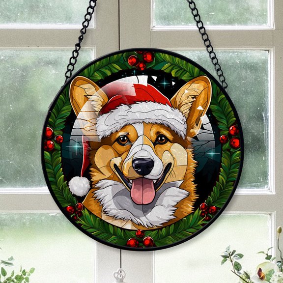 Pembroke Welsh Corgi Dog stained glass window hanging, decorative Christmas home ornament