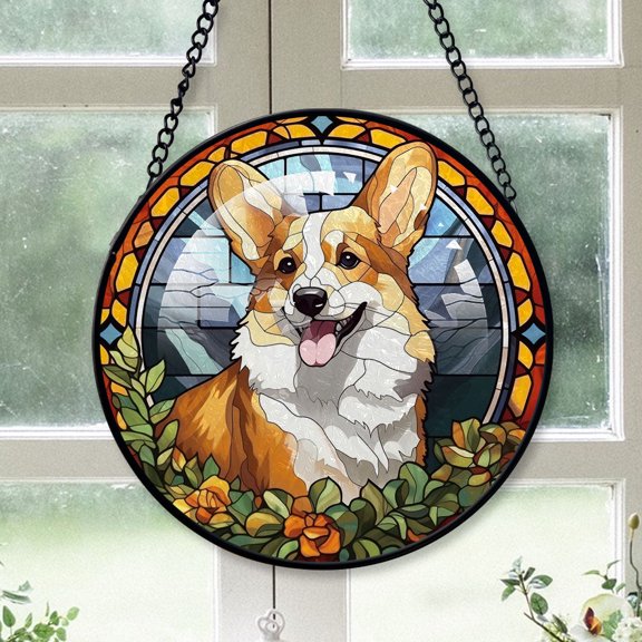 Pembroke Welsh Corgi Dog stained glass window hanging, decorative holiday home accent