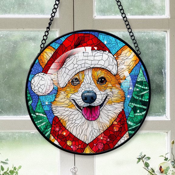 Pembroke Welsh Corgi Dog stained glass window ornament, festive holiday decoration for home