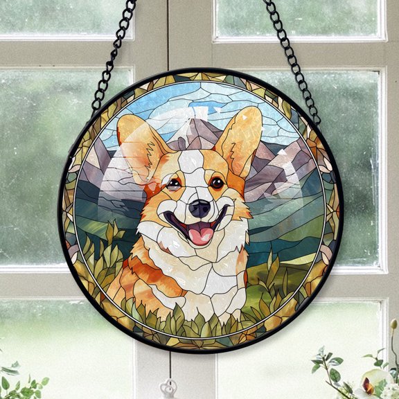Pembroke Welsh Corgi Dog stained glass window ornament, seasonal hanging home decoration