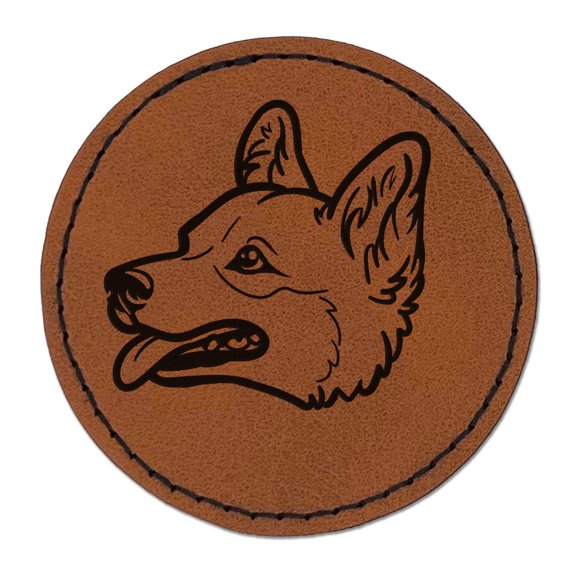 Pembroke Welsh Corgi Head Dog 2.5" Faux Leather Round Engraved Iron-On Patch - Brown