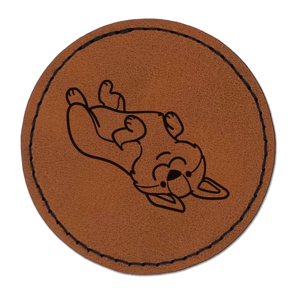 Pembroke Welsh Corgi Laying on Back Dog 2.5" Faux Leather Round Engraved Iron-On Patch - Brown