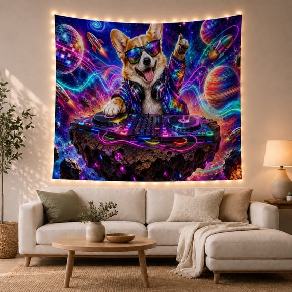 Pembroke Welsh Corgi With Portrayed Cosmic Discotheque Tongue, Playful Surreal for Animal Lovers, Animal Wall Decor, Housewarming Gift, Tapestry Wall Hanging for Bedroom and Dorm