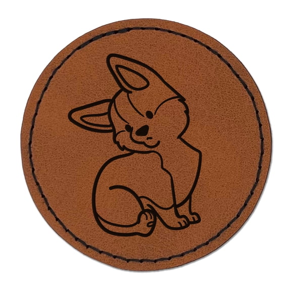 Pembroke Welsh Corgi Sitting Dog 2.5" Faux Leather Round Engraved Iron-On Patch - Brown