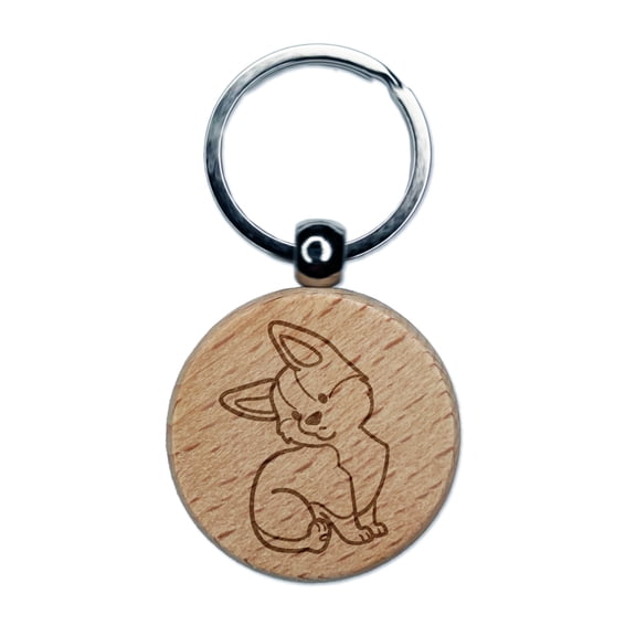 Pembroke Welsh Corgi Sitting Dog Round Keychain Charm Tag - Engraved Wood