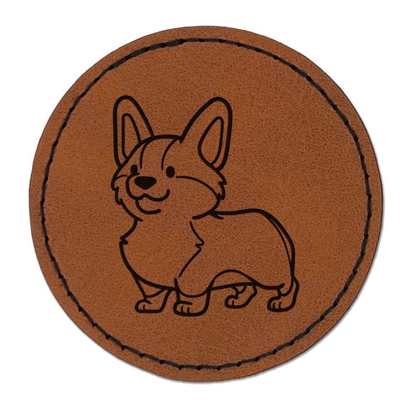 Pembroke Welsh Corgi Standing Dog 2.5" Faux Leather Round Engraved Iron-On Patch - Brown