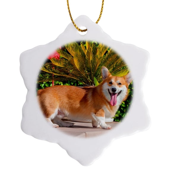 3drose, Pembroke Welsh Corgi Standing Poolside, Mr and Pr,, 3 inch Snowflake Porcelain Ornament