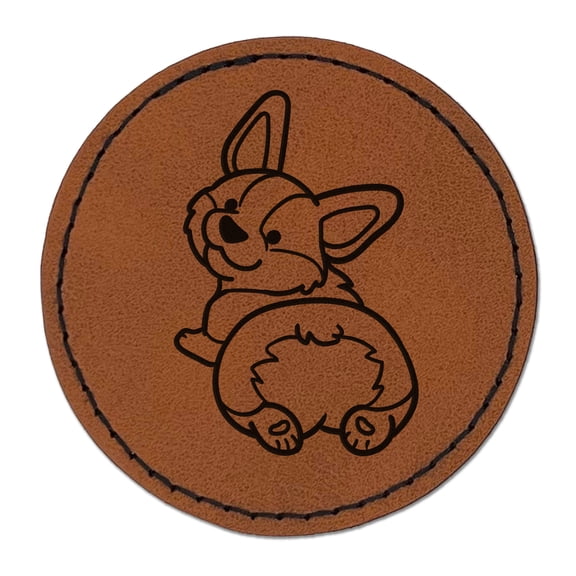Pembroke Welsh Corgi from Behind Butt Dog 2.5" Faux Leather Round Engraved Iron-On Patch - Brown