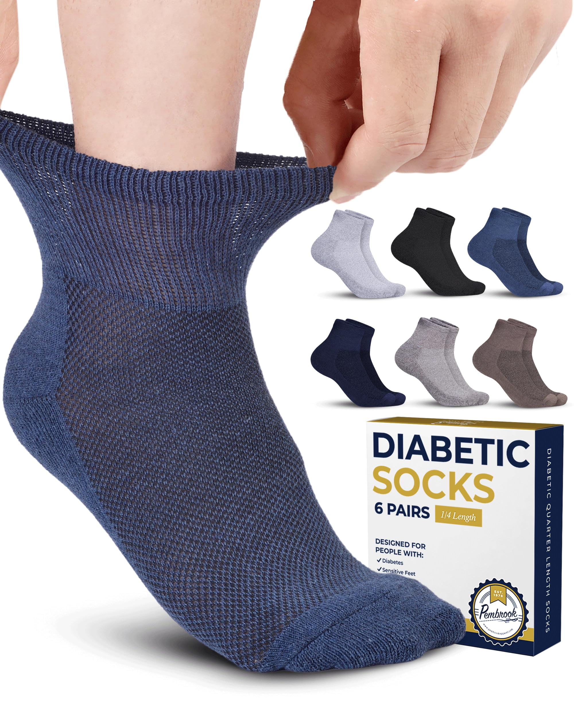 Pembrook Ankle Diabetic Socks for Women Men 6 Pairs Wide Non Binding Socks Quarter Length Edema Neuropathy Socks