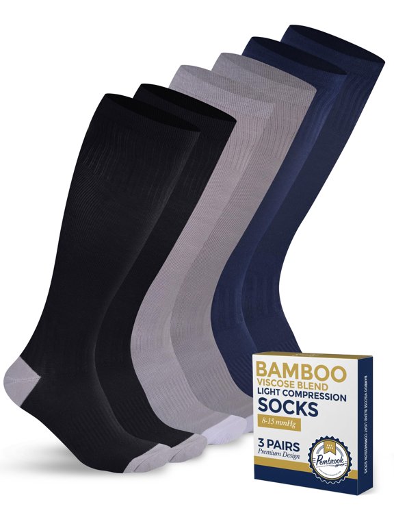 Women's and Men's 8-15 mmHg Light Compression Bamboo Viscose Socks, Knee-High, 3 Pairs, Black/Grey/Navy