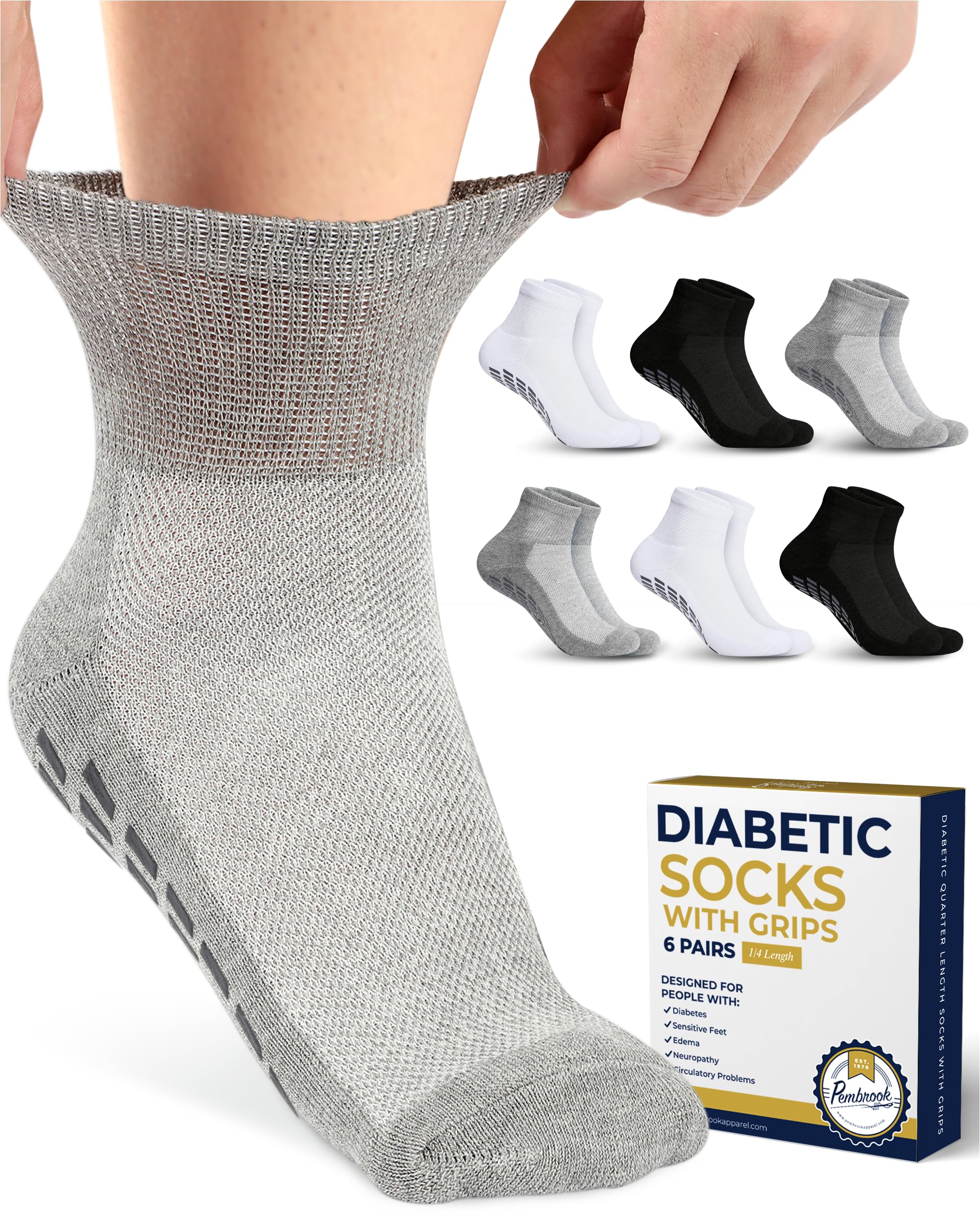 Pembrook Diabetic Ankle Socks for Men & Women with Grips 6 Pairs Quarter Length Wide Non