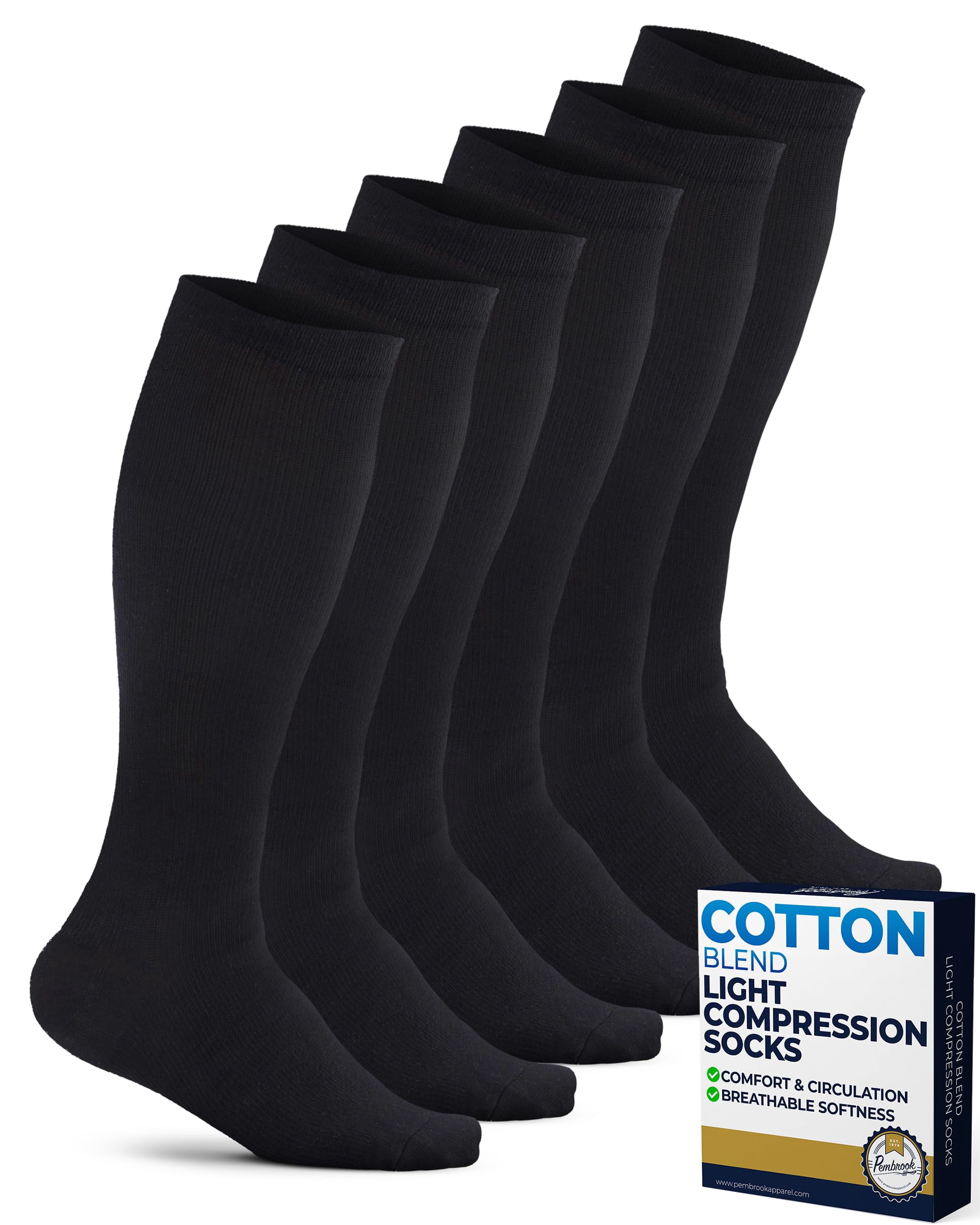 Pembrook Men's Cotton Light Compression Socks, 8-15 mmHg, Knee-High ...