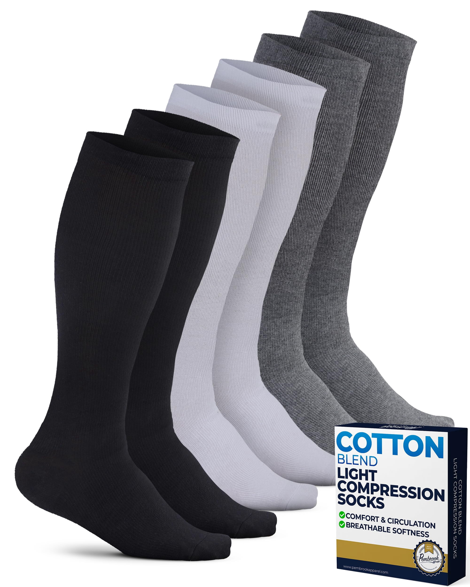 Pembrook Men's Cotton Light Compression Socks, 8-15 mmHg, Knee-High ...
