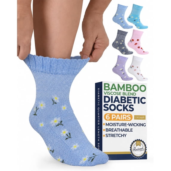 Pembrook Unisex Non-Binding Diabetic Ankle Socks, Mixed Flowers, Medium, 6 Pairs