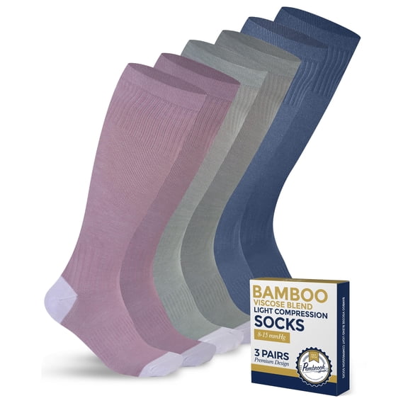 Pembrook Women's and Men's 8-15 mmHg Light Compression Bamboo Viscose Socks, Knee-High, 3 Pairs, Light Green/Light Blue/Rose