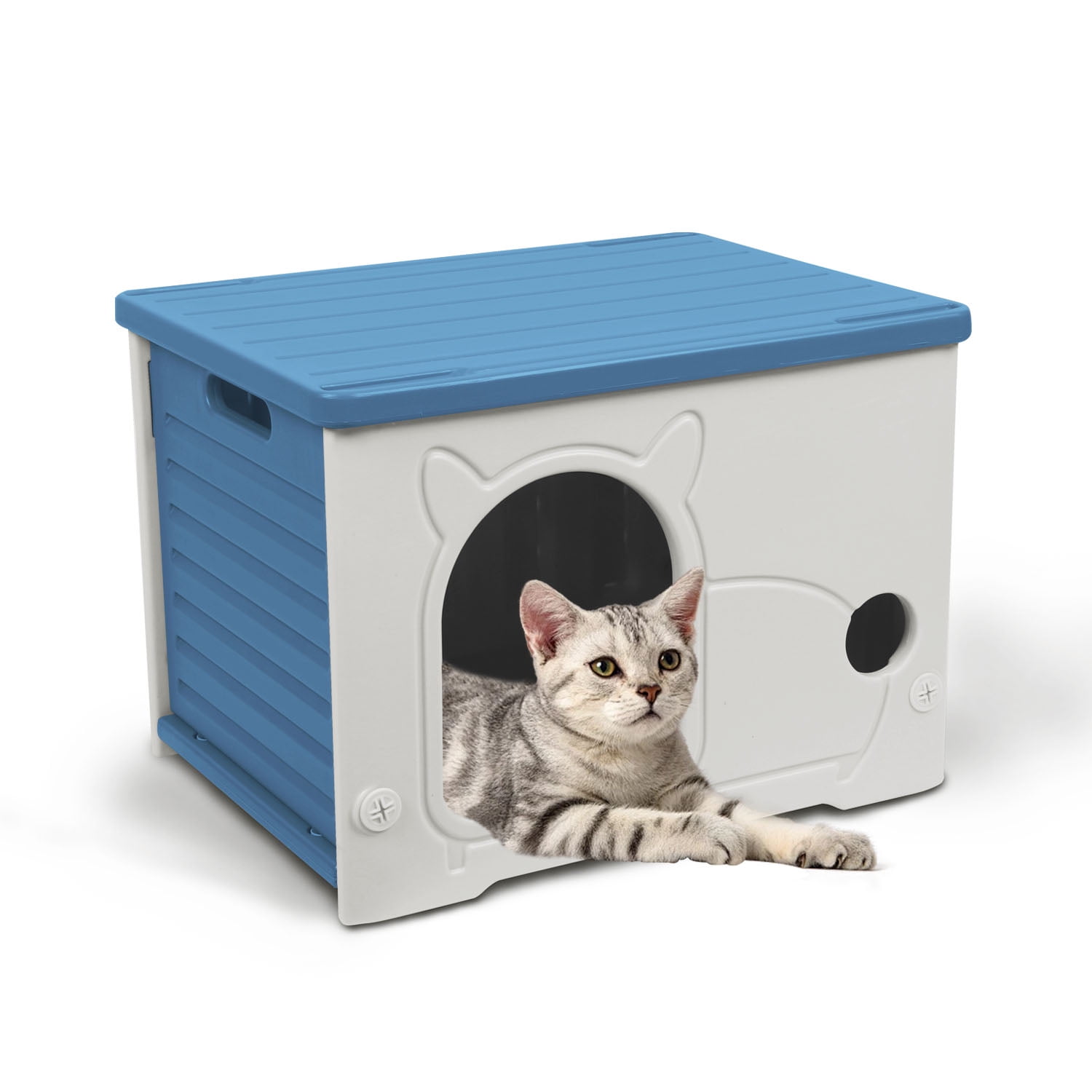 Pempet Plastic Cat House Waterproof Feral Cat Shelter Indoor Outdoor(Blue)