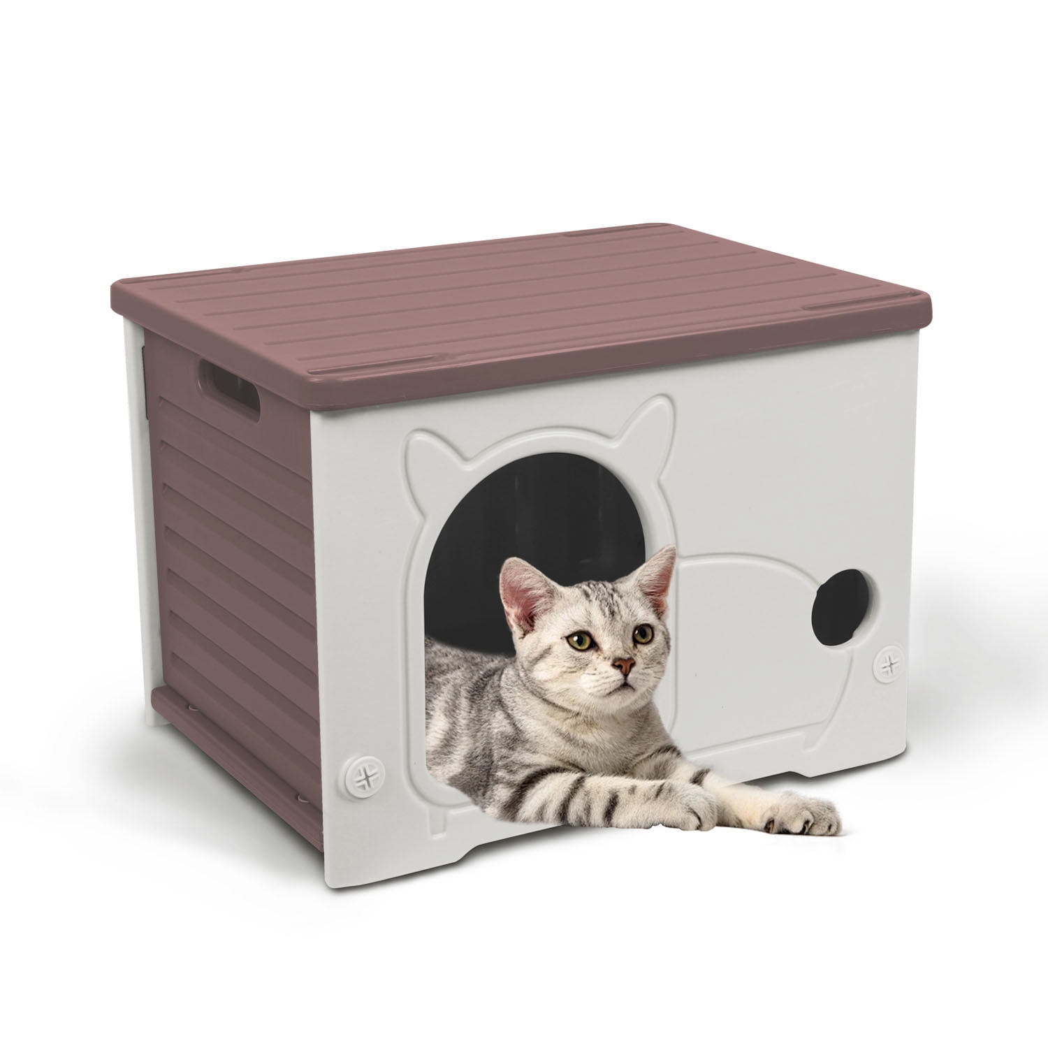 Pempet Plastic Cat House Waterproof Feral Cat Shelter Indoor Outdoor(Brown)